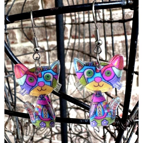 Whimsical Cat Earrings New Multicolor Kitty Lover Dangle Hooks Christmas… - Picture 3 of 6
